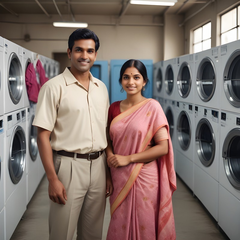 Indian man and woman as laundry business owner